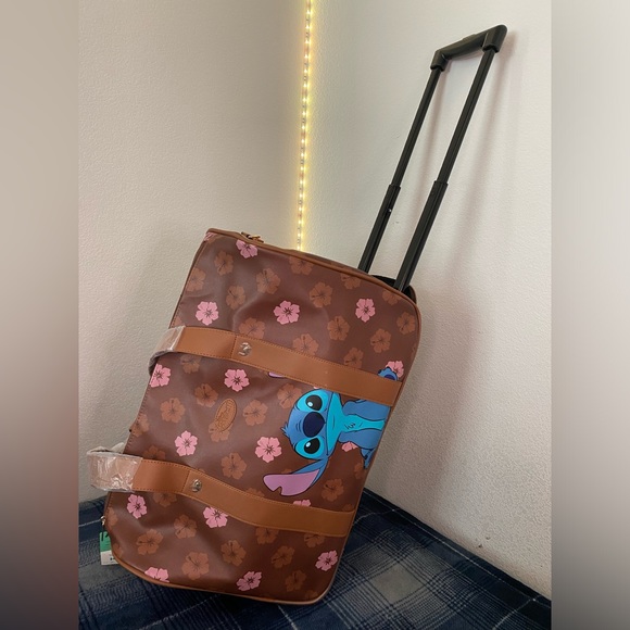 Disney “Stitch” Bioworld 20” Rolling Duffle Bag Luggage - Brown Floral - Picture 2 of 12